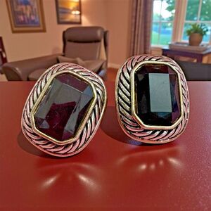 Vintage Garnet Tone Faceted Clip-On Earrings Silver 0.75”